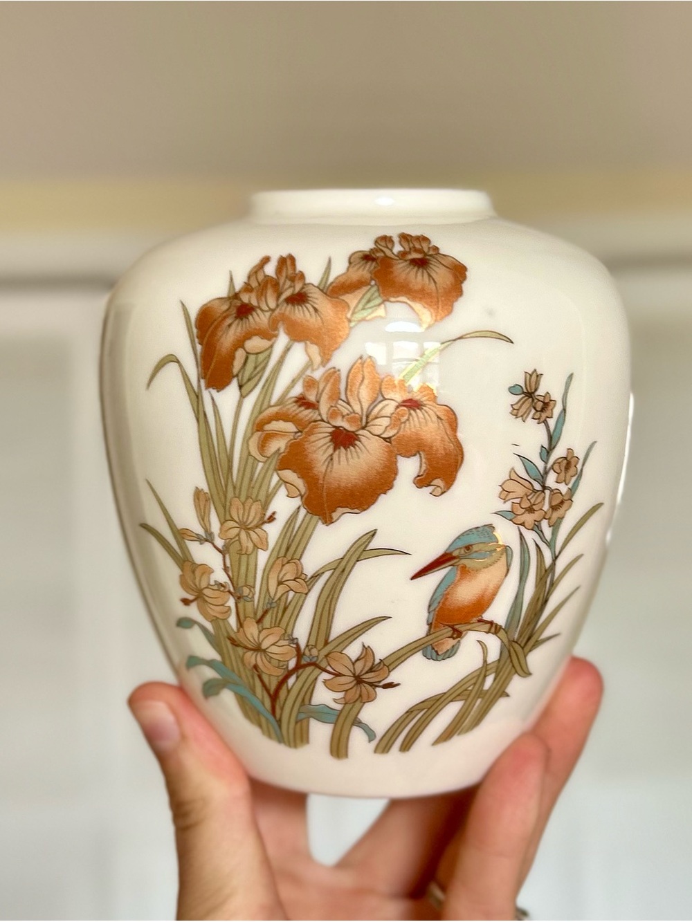 White Ceramic Vase with Brown and Beige Florals and Bird Design - Picture 8 of 8
